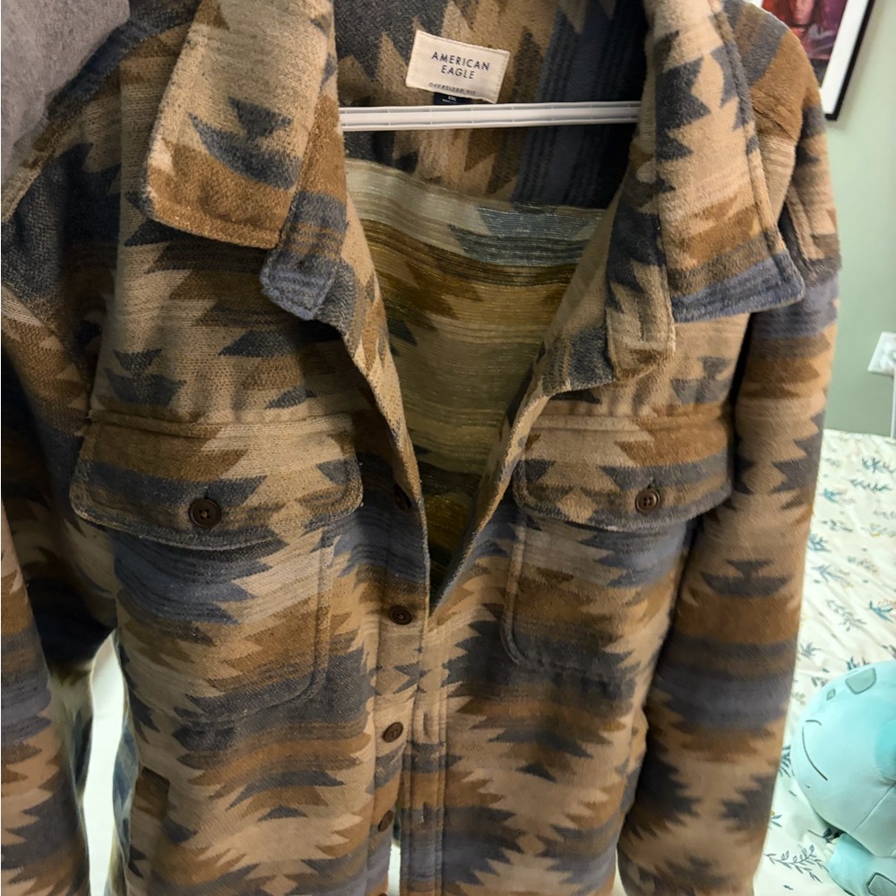 American Eagle Outfitters Aztec-Print Shacket in Brown and Blue-Grey